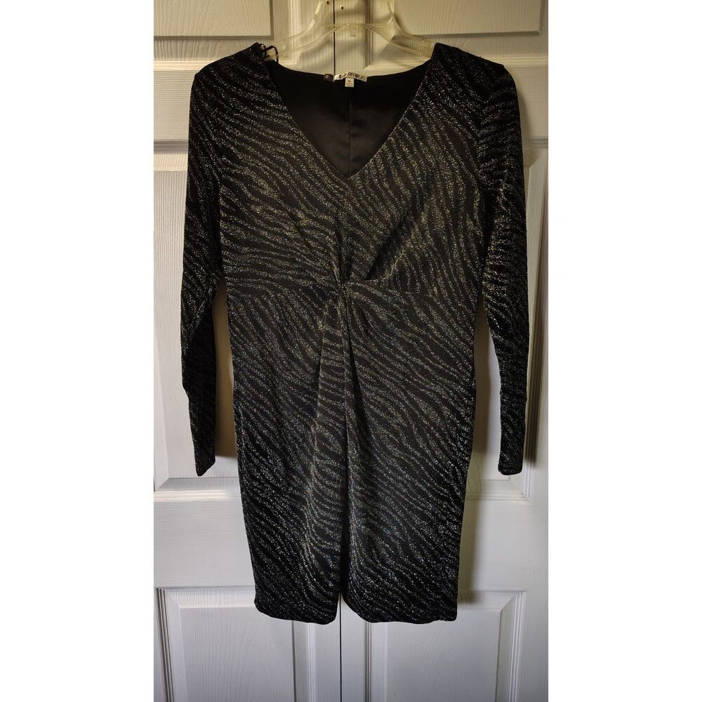 Jennifer Lopez XL Black Silver Glitter Metallic Zebra Long Sleeve V-Neck Dress